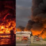 Incêndio em fábrica no Distrito Industrial II, Manaus, com bombeiros combatendo as chamas e fumaça densa.