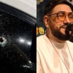 Janela de carro com marcas de tiros e cantor Dubarranco no palco.