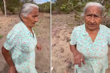 Joaninha, idosa de 90 anos, em vídeo viral, com camisa florida e expressão séria.