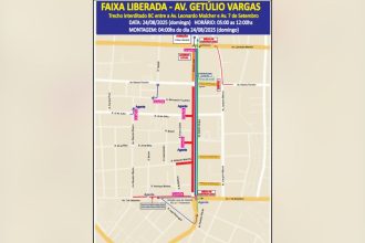 Mapa da Faixa Liberada na Av. Getúlio Vargas, Manaus, com trecho interditado em 24/08/2025.