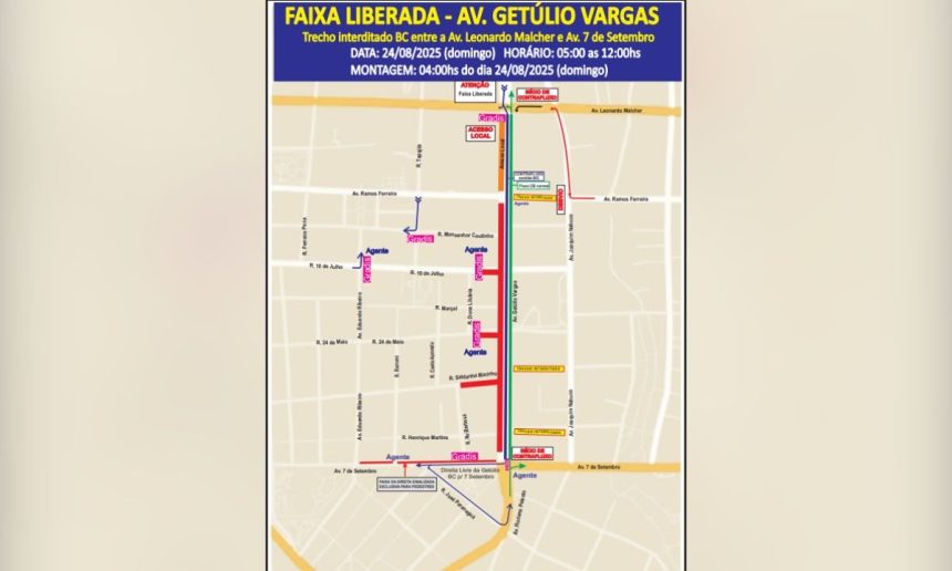 Mapa da Faixa Liberada na Av. Getúlio Vargas, Manaus, com trecho interditado em 24/08/2025.