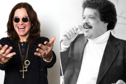 Ozzy Osbourne sorrindo e homem cantando em preto e branco