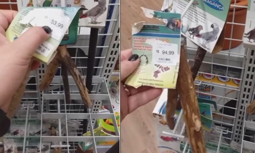 Pedaços de galhos à venda como brinquedos para animais em loja no Paraná, com preços de R$53,99 e R$94,99.