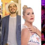 Quatro pessoas, possivelmente artistas, posando para fotos. Um homem com camisa estampada e um cavaquinho, outro de chapéu e paletó.