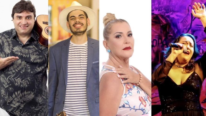 Quatro pessoas, possivelmente artistas, posando para fotos. Um homem com camisa estampada e um cavaquinho, outro de chapéu e paletó.