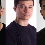 Retrato de três DJs com blusas pretas para a festa Interflow em Manaus.