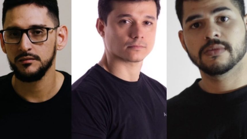 Retrato de três DJs com blusas pretas para a festa Interflow em Manaus.