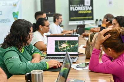 Reunião de trabalho com pessoas analisando dados em laptops, provavelmente sobre questões ambientais.