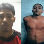 Suspeitos procurados por homicídio. Um homem em camiseta e outro sem camisa.