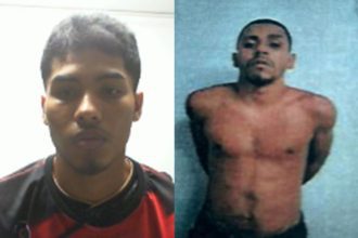 Suspeitos procurados por homicídio. Um homem em camiseta e outro sem camisa.