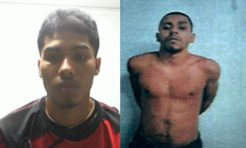 Suspeitos procurados por homicídio. Um homem em camiseta e outro sem camisa.