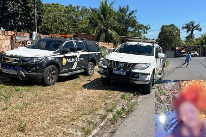 Veículos da polícia em cena de crime, com homem correndo e imagem de corpo no canto inferior.
