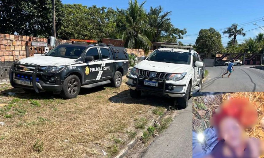 Veículos da polícia em cena de crime, com homem correndo e imagem de corpo no canto inferior.