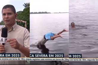 Jornalista da Rede Amazônica mergulha ao vivo durante cobertura da seca e viraliza