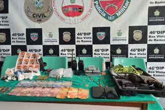 Apreensão de drogas e outros itens em operação policial. Dinheiro, joias, armas e equipamentos apreendidos.