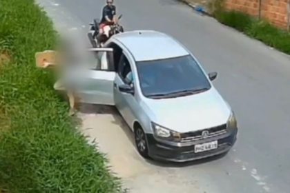 Cachorros abandonados em caixa perto de carro e moto
