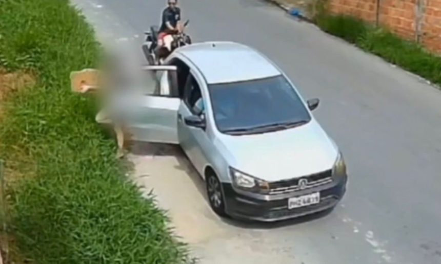 Cachorros abandonados em caixa perto de carro e moto