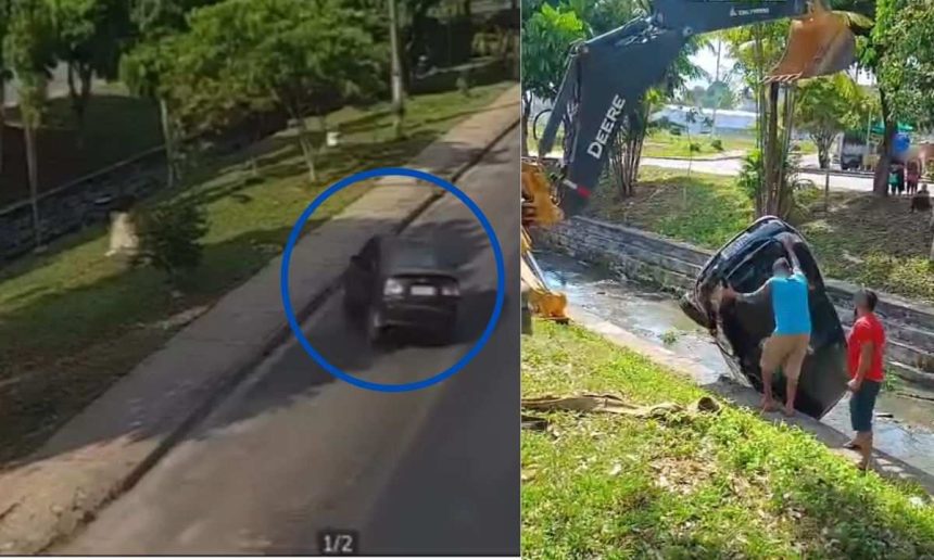 Carro sendo retirado de igarapé por retroescavadeira após acidente