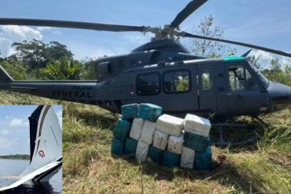 Helicóptero da Polícia Federal apreendido com drogas, com uma aeronave menor avariada em um lago