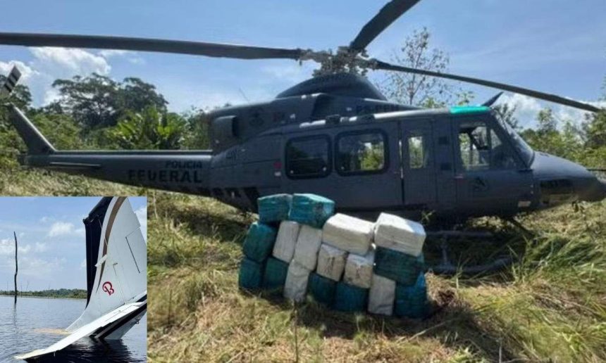 Helicóptero da PolĆcia Federal apreendido com drogas, com uma aeronave menor avariada em um lago