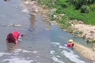 Homem ensanguentado em rio após agressão e esfaqueamento.
