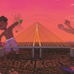 Ilustração de crianças brincando na água com uma ponte ao fundo, em estilo de arte regional.