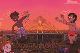 Ilustração de crianças brincando na água com uma ponte ao fundo, em estilo de arte regional.