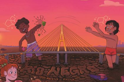 Ilustração de crianças brincando na água com uma ponte ao fundo, em estilo de arte regional.