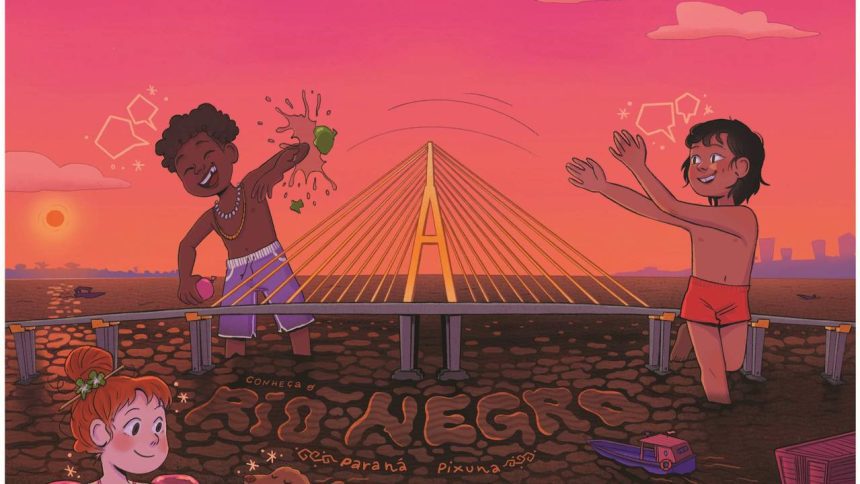 Ilustração de crianças brincando na água com uma ponte ao fundo, em estilo de arte regional.