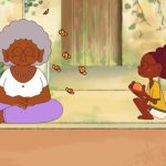Ilustração de duas pessoas negras, uma senhora e uma criança, com borboletas voando ao redor.