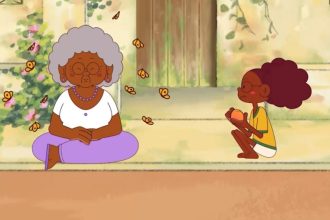 Ilustração de duas pessoas negras, uma senhora e uma criança, com borboletas voando ao redor.