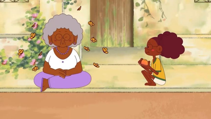 Ilustração de duas pessoas negras, uma senhora e uma criança, com borboletas voando ao redor.