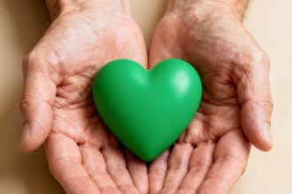 Mãos segurando um coração verde, simbolizando doação de órgãos