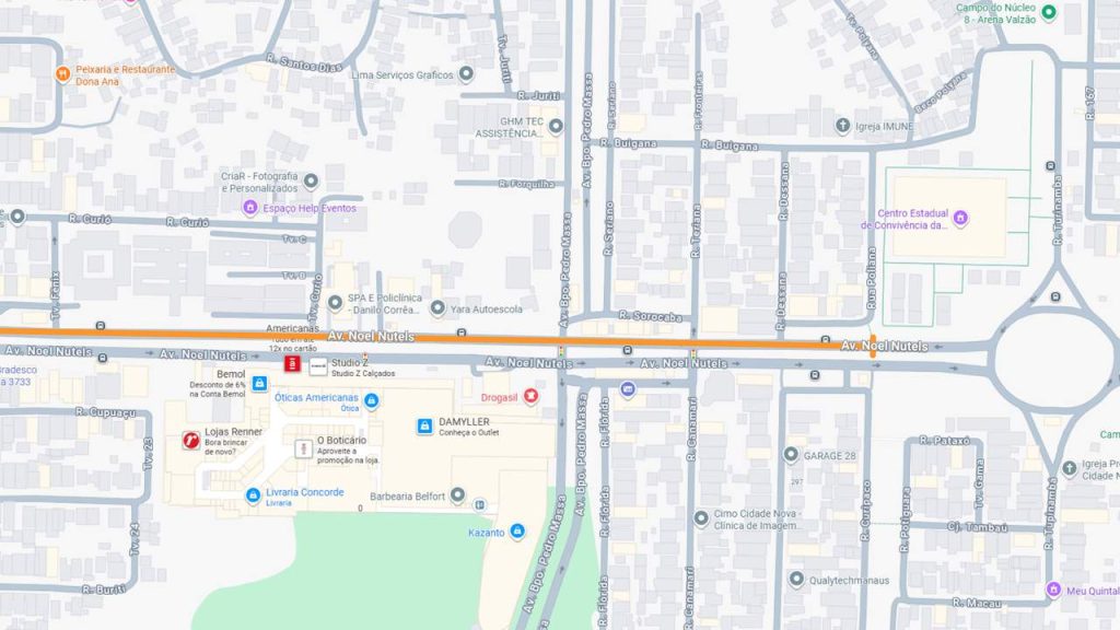 Mapa da Avenida Noel Nutels em Manaus, com destaque para locais e interdições.