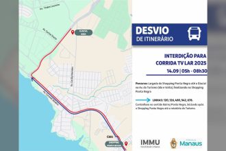 Mapa de desvio de trânsito na Av. Coronel Teixeira em Manaus para corrida TV LAR 2025.