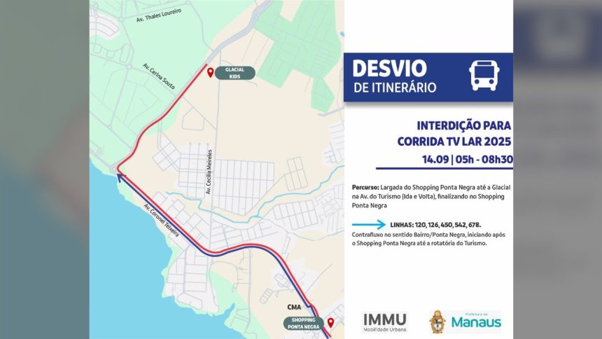 Mapa de desvio de trânsito na Av. Coronel Teixeira em Manaus para corrida TV LAR 2025.