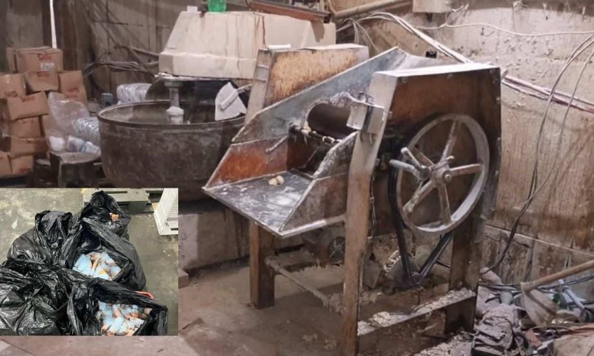 Máquinas de produção e sacos de linguiça de frango apreendida