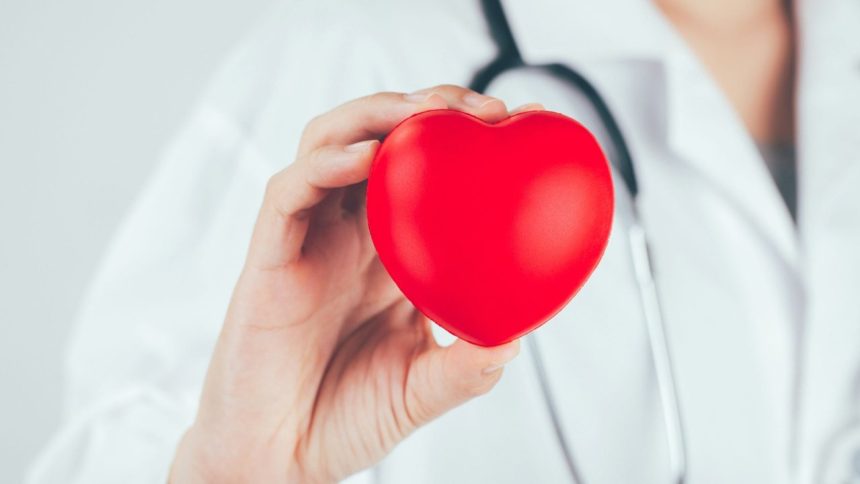 Médico segurando um coração vermelho, simbolizando a saúde cardiovascular no Setembro Vermelho.