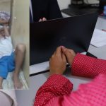 Mulher indígena em abrigo, com imagem de pessoas em espaço confinado em fundo