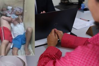 Mulher indígena em abrigo, com imagem de pessoas em espaço confinado em fundo