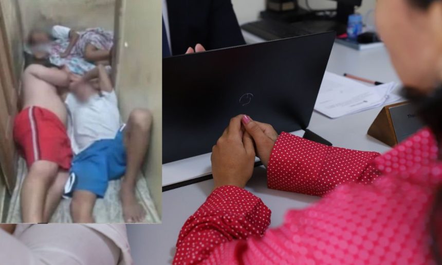 Mulher indígena em abrigo, com imagem de pessoas em espaço confinado em fundo