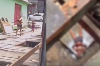 Mulher sendo atacada e jogada em buraco durante briga em ponte de madeira.
