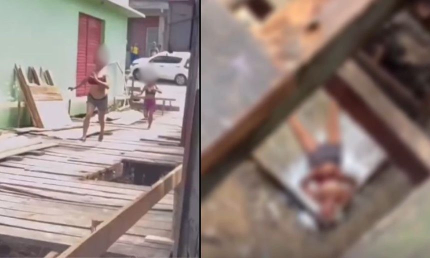 Mulher sendo atacada e jogada em buraco durante briga em ponte de madeira.