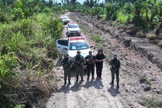 Operação Tamoiotatá 5: VeÃculos e equipe em mata, Amazonas.