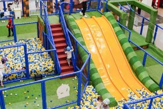 Parque infantil temático do Sonic com escorregador e piscina de bolinhas.