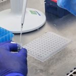 Pesquisador usando pipeta em laboratório, com placas e tubos.