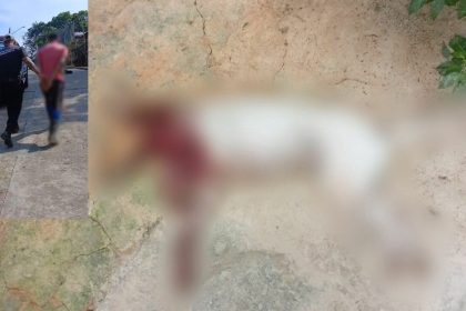 Policial prende homem suspeito. Cena de crime com corpo no chão.