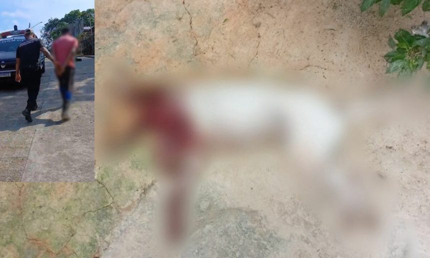 Policial prende homem suspeito. Cena de crime com corpo no chão.