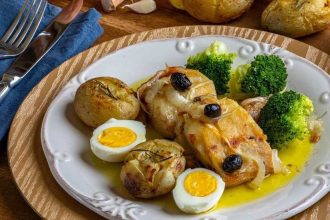 Prato de bacalhau com batatas, brócolis, ovos e azeitonas, em evento gastronômico.