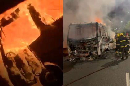 Incêndio destrói micro-ônibus na Avenida Rodrigo Otávio, em Manaus